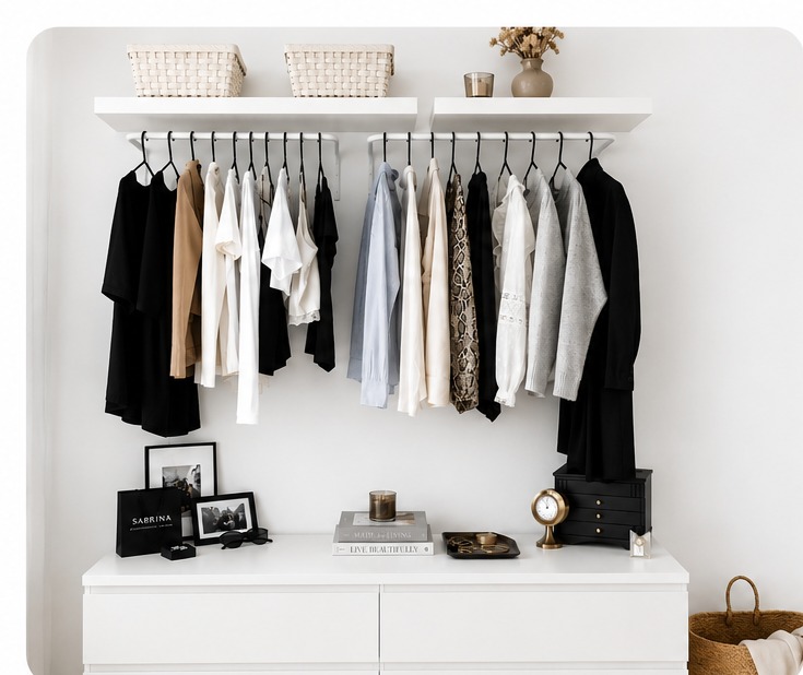 Dressing capsule blanc et lumineux, tenues organisées sur portant