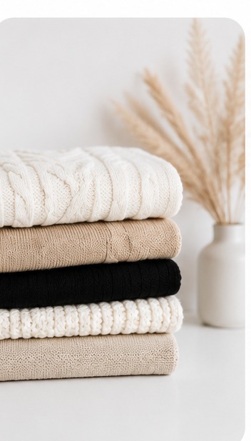 Pulls et vêtements pliés avec soin, garde-robe organisée