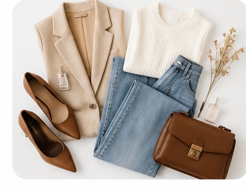 Tenue complète assortie : blazer, pull, jean, chaussures et accessoires