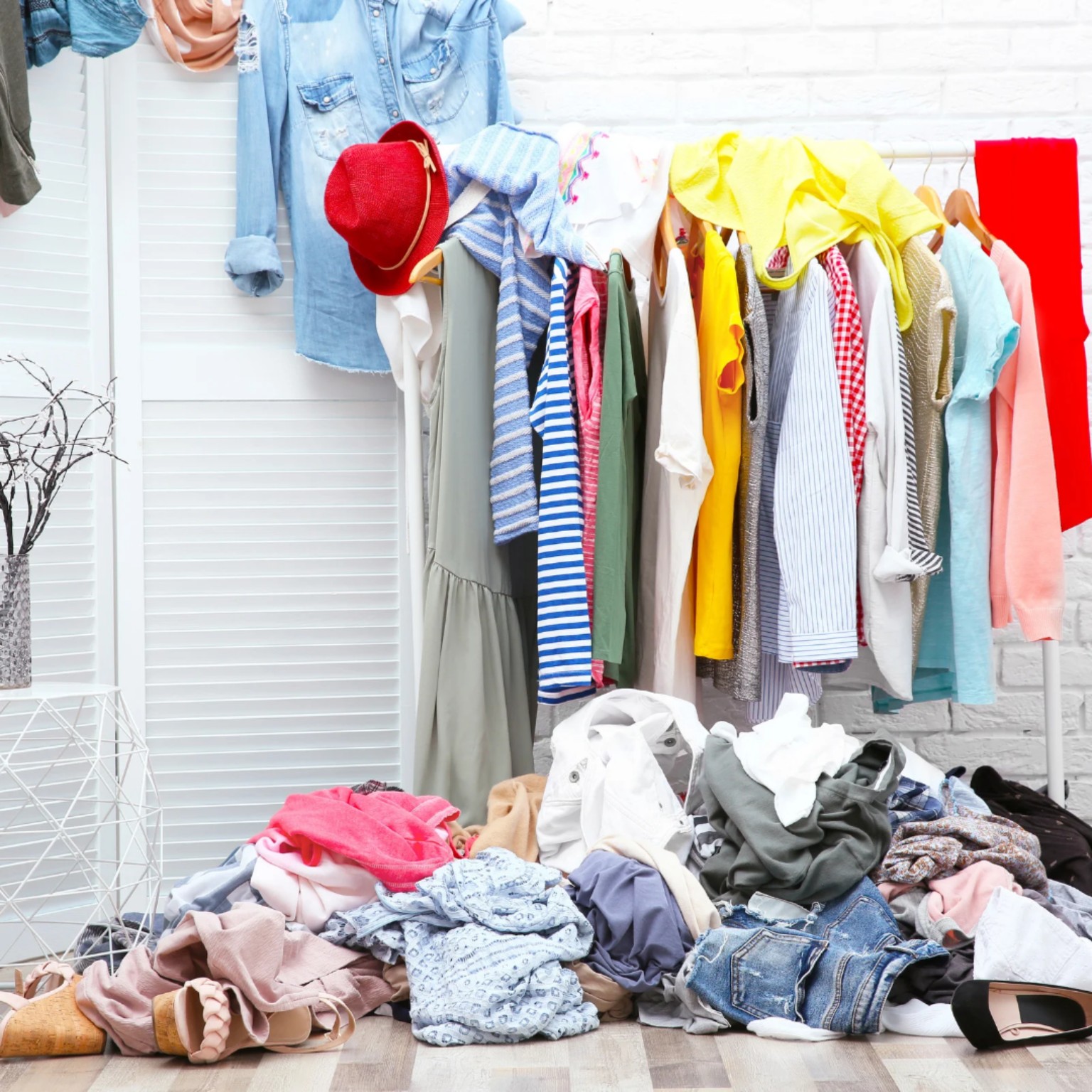 Vêtements en désordre, empilés et pendus pêle-mêle avant le tri